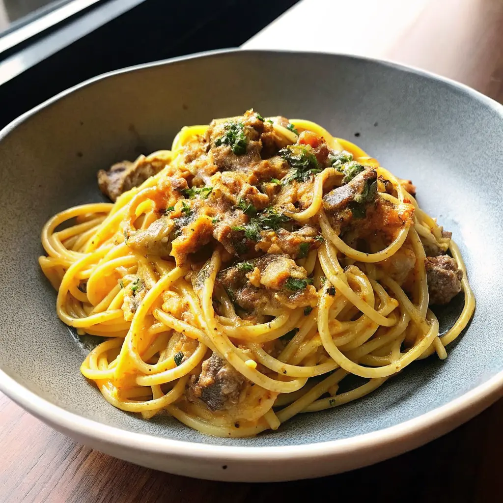Bowl of creamy beef garlic butter pasta with Parmesan and parsley garnish
