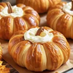 Crescent pumpkins filled with cream cheese and pumpkin pie filling, decorated with pretzel stems