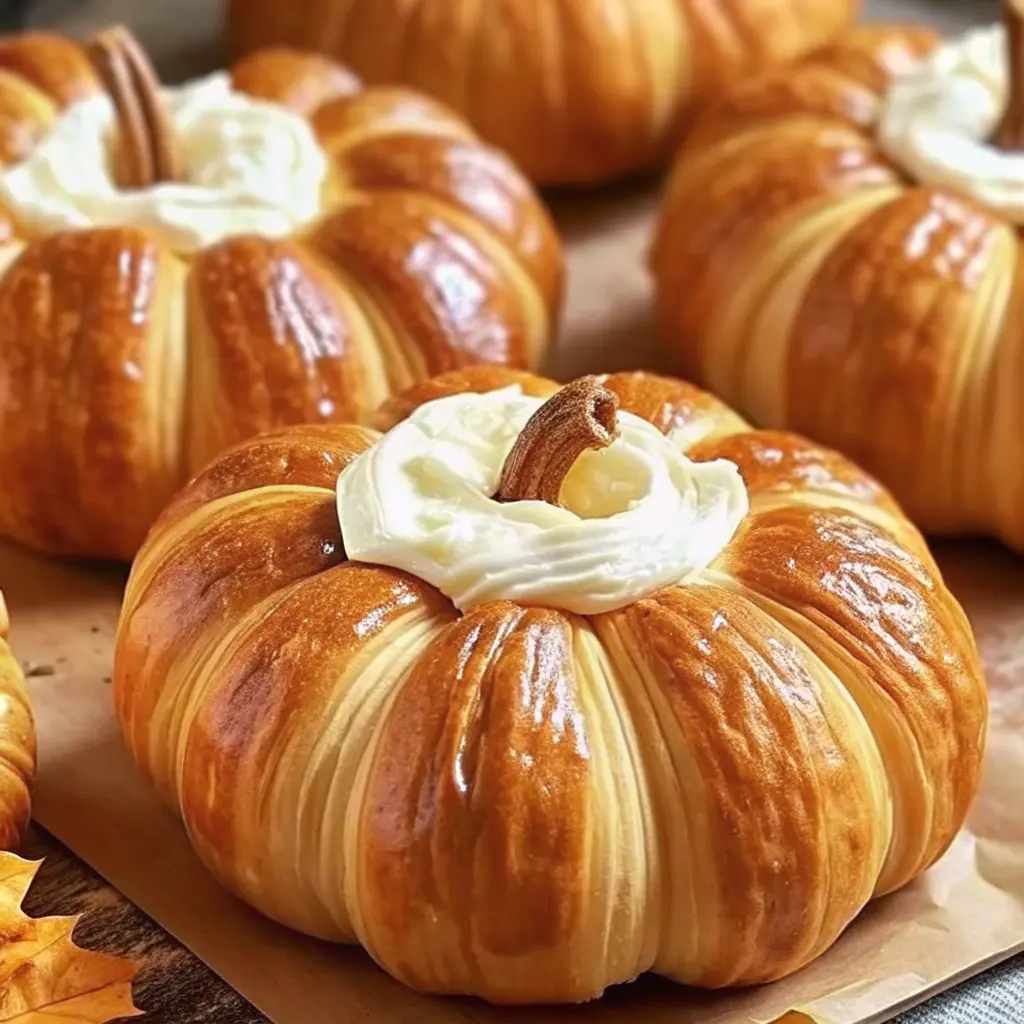 Crescent pumpkins filled with cream cheese and pumpkin pie filling, decorated with pretzel stems