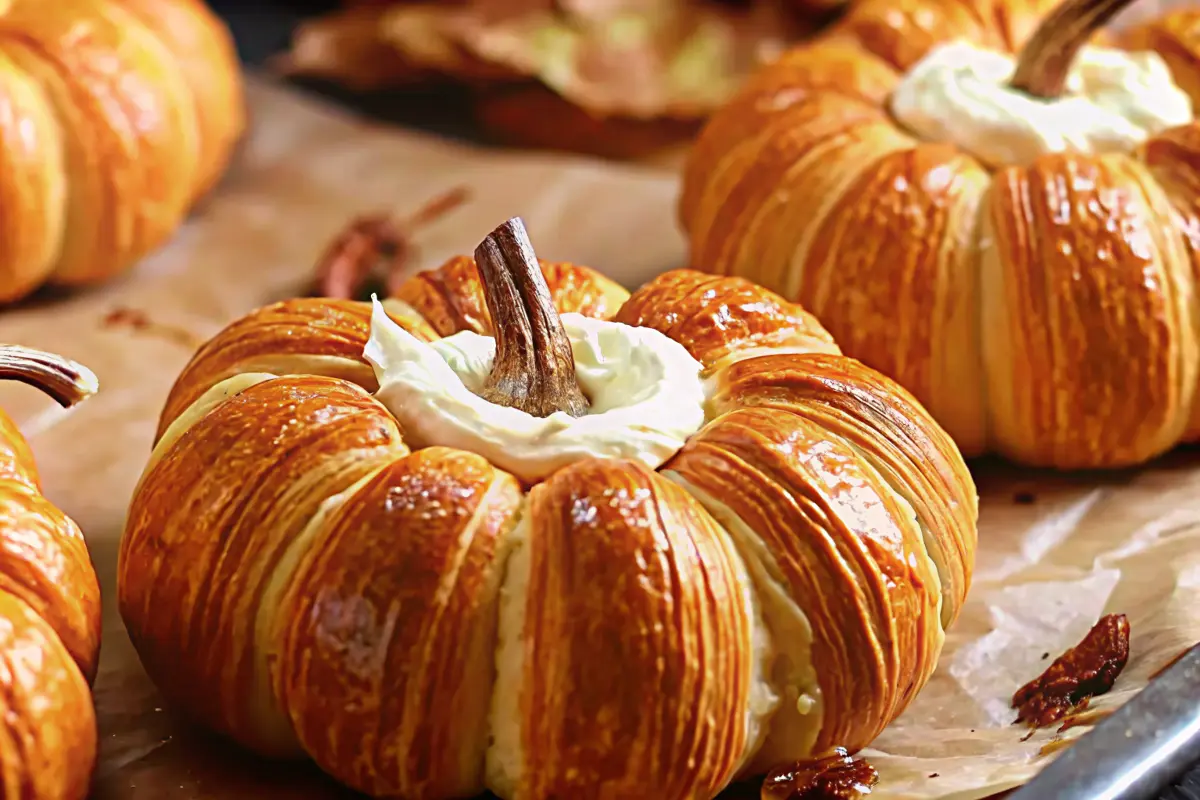 Crescent pumpkins filled with cream cheese and pumpkin pie filling, decorated with pretzel stems