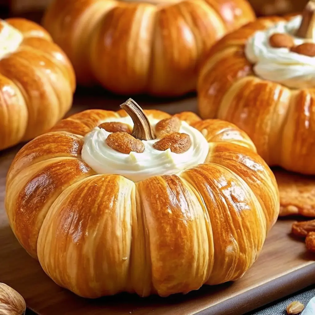 Crescent pumpkins filled with cream cheese and pumpkin pie filling, decorated with pretzel stems