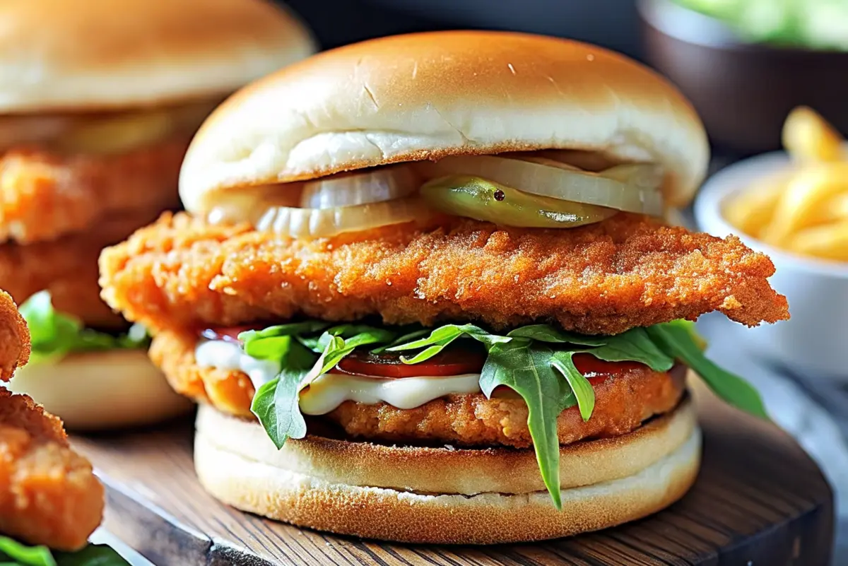 Crispy chicken sandwich with garlic mayo recipe on toasted brioche bun