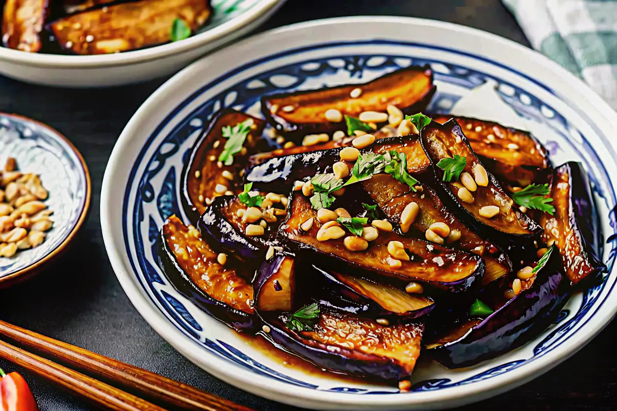 Silky eggplant pieces coated in glossy garlic sauce in a wok Eggplant with Garlic Sauce Stir Fry