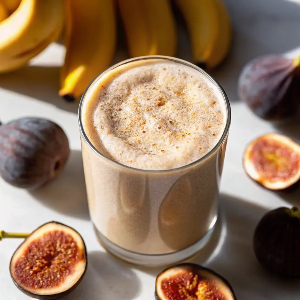Glass of fig smoothie Recipe topped with fresh fig slices and sprinkled cinnamon