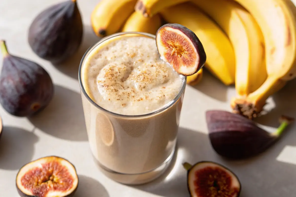 Glass of fig smoothie Recipe topped with fresh fig slices and sprinkled cinnamon