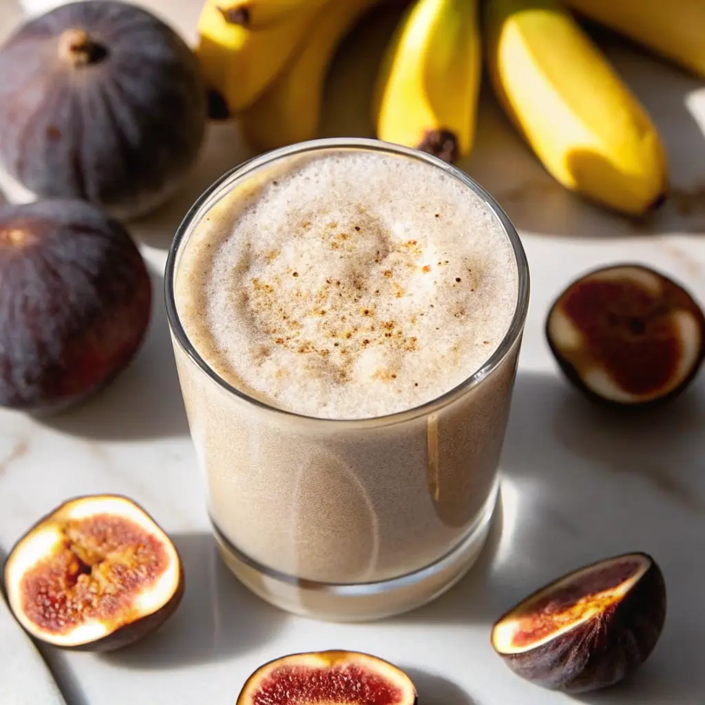 Glass of fig smoothie Recipe topped with fresh fig slices and sprinkled cinnamon