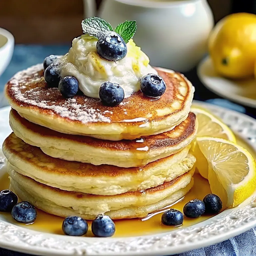 Fluffy Lemon and Ricotta Pancakes stacked with syrup drizzle