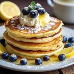 Fluffy Lemon and Ricotta Pancakes stacked with syrup drizzle