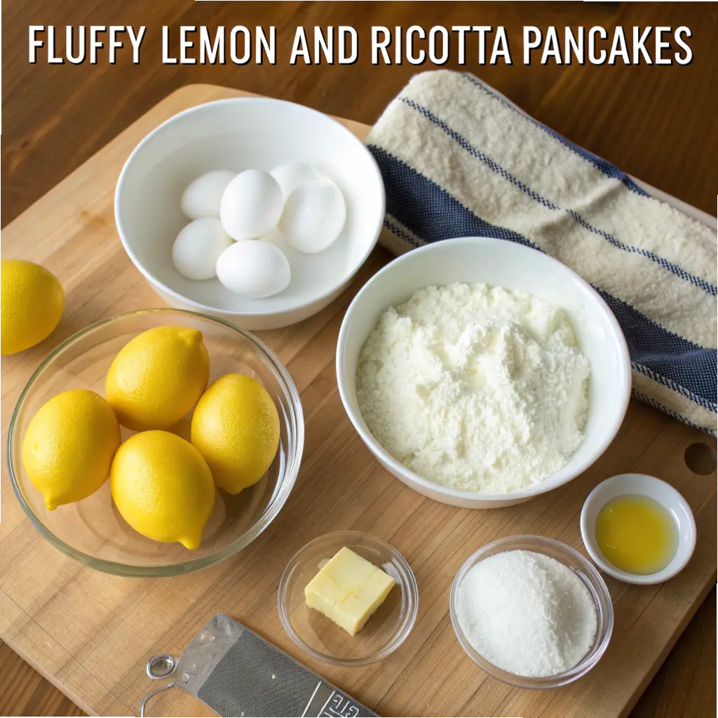 Fluffy Lemon and Ricotta Pancakes stacked with syrup drizzle