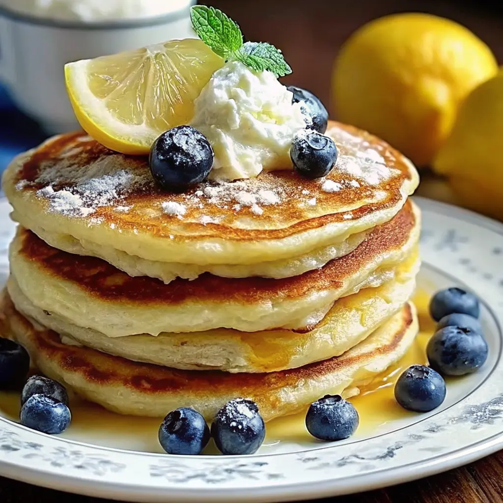 Fluffy Lemon and Ricotta Pancakes stacked with syrup drizzle