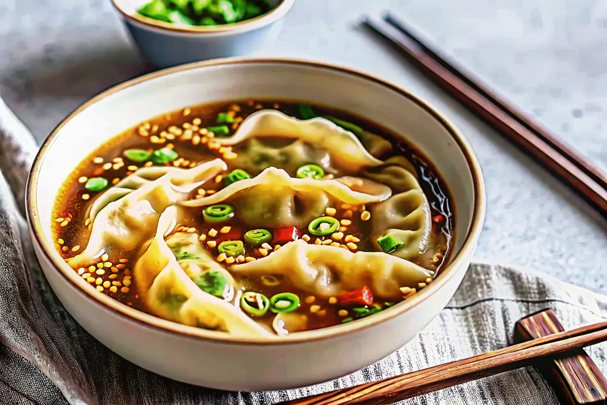 Steaming bowl of gyoza soup with dumplings, bok choy, and scallions in a savory broth
