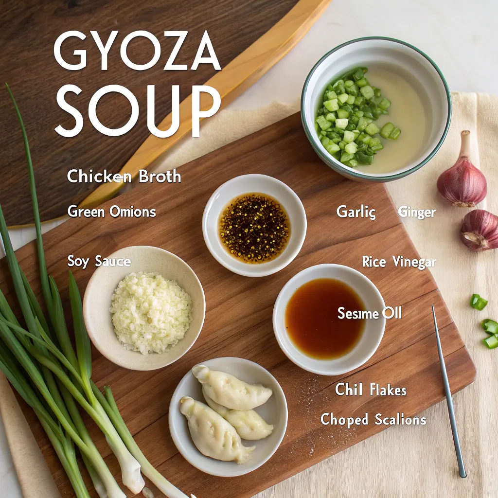 Steaming bowl of gyoza soup with dumplings, bok choy, and scallions in a savory broth