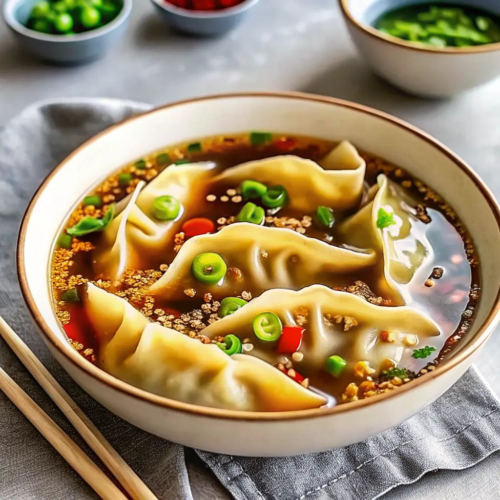 Steaming bowl of gyoza soup with dumplings, bok choy, and scallions in a savory broth