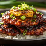 Stacked Hawaiian Huli Huli chicken with rice and grilled pineapple on a white plate Hawaiian Huli Huli Chicken Stack
