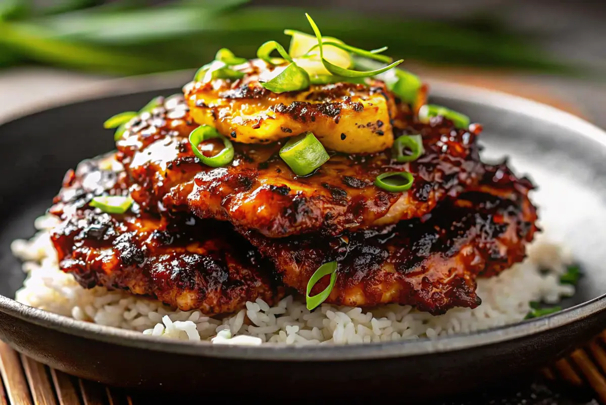 Stacked Hawaiian Huli Huli chicken with rice and grilled pineapple on a white plate Hawaiian Huli Huli Chicken Stack