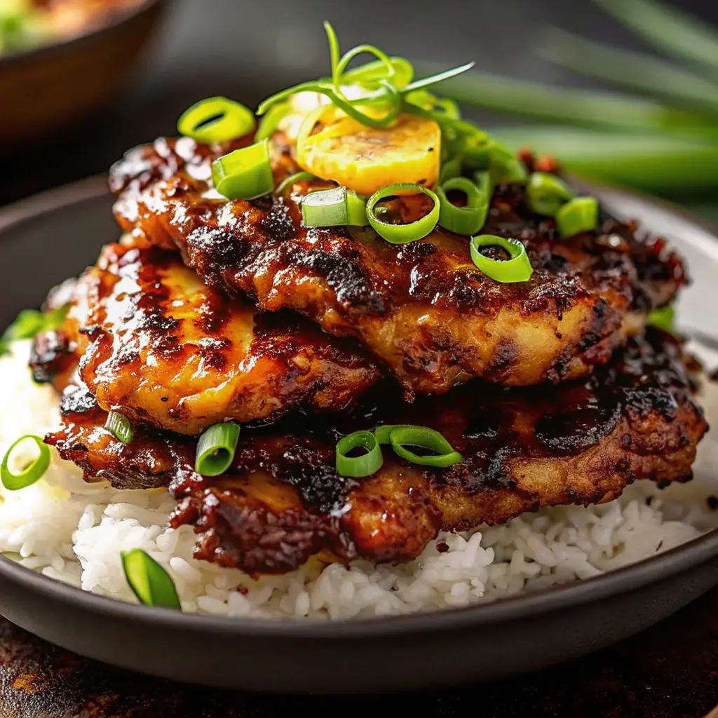Stacked Hawaiian Huli Huli chicken with rice and grilled pineapple on a white plate