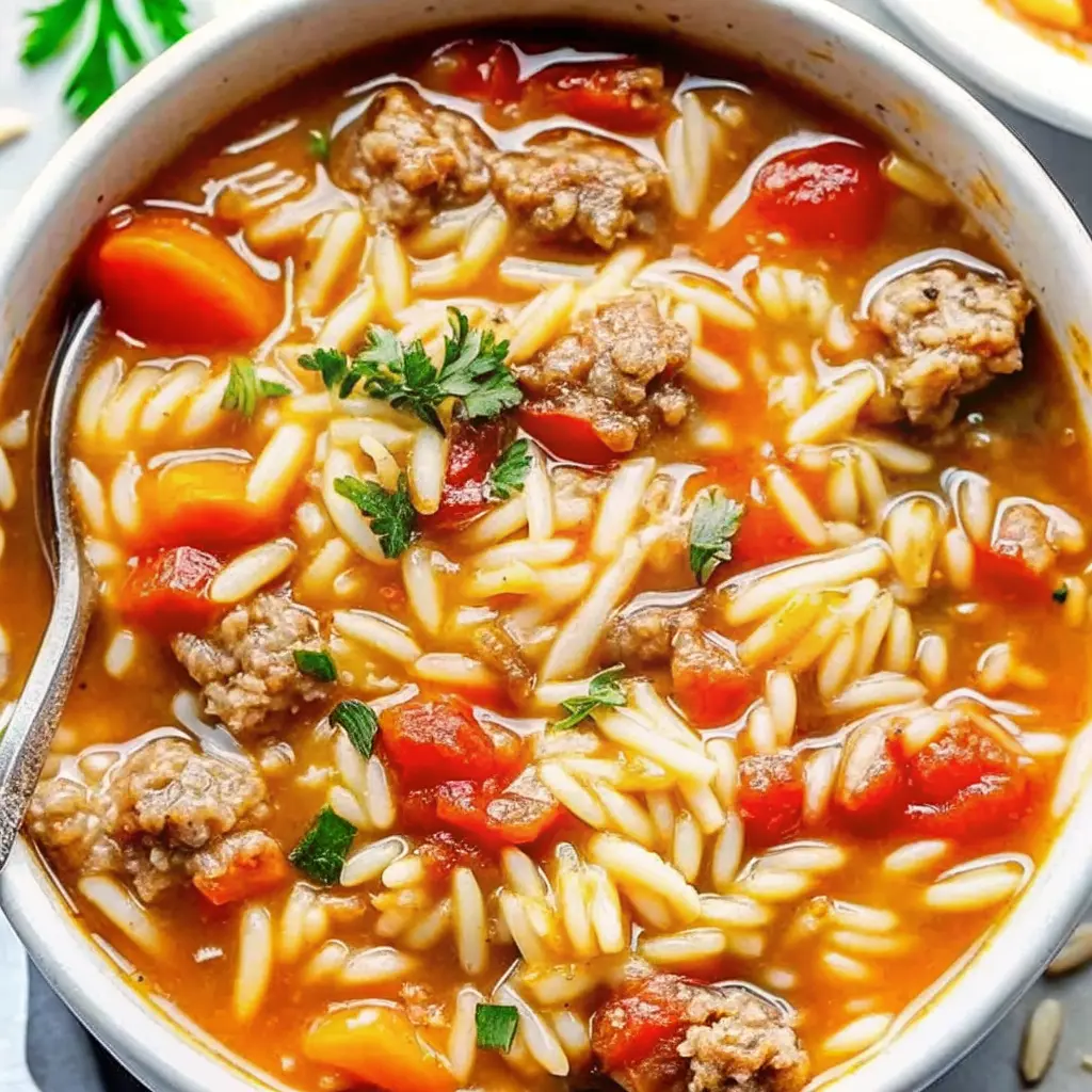 Bowl of One-Pot Italian Sausage Orzo Soup with fresh herbs