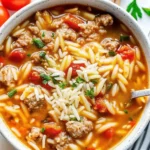 Bowl of One-Pot Italian Sausage Orzo Soup with fresh herbs