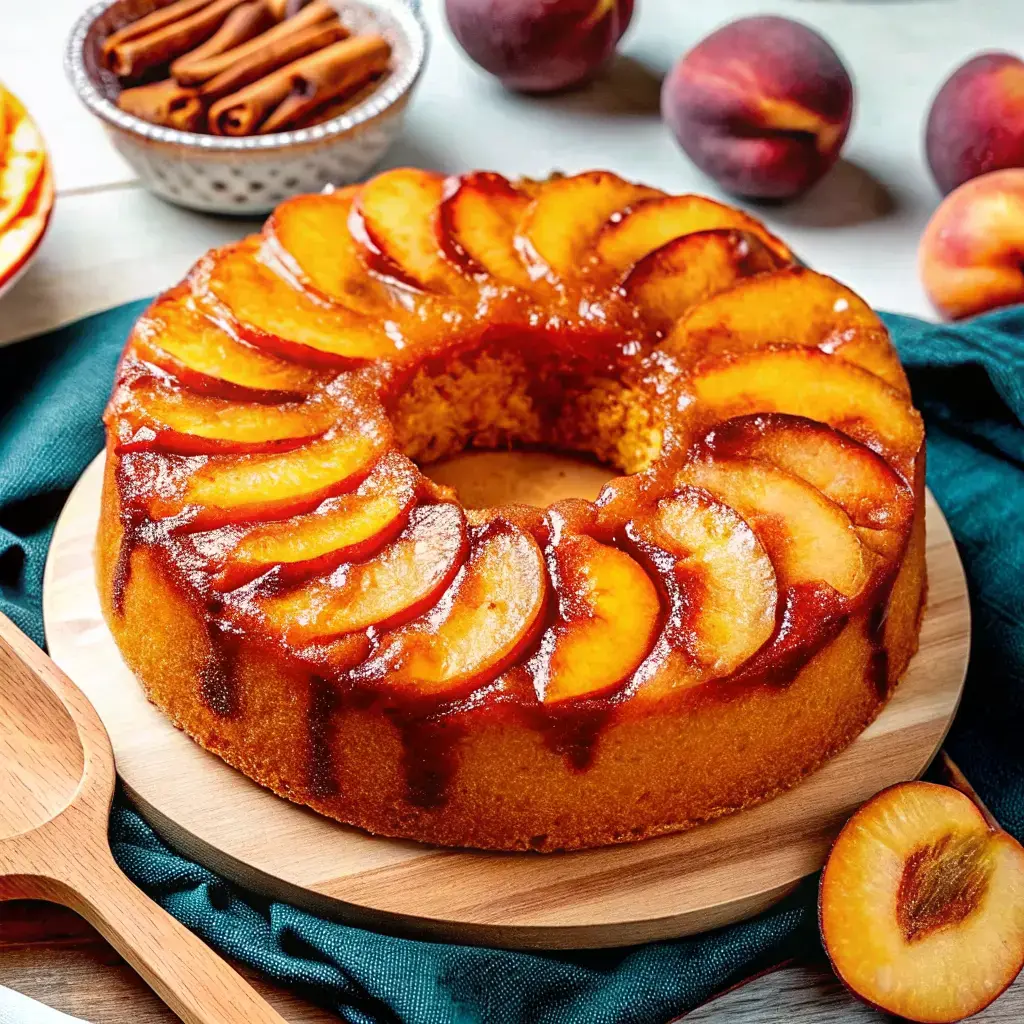 Golden brown Peach Cobbler Pound Cake drizzled with glaze and topped with caramelized peaches