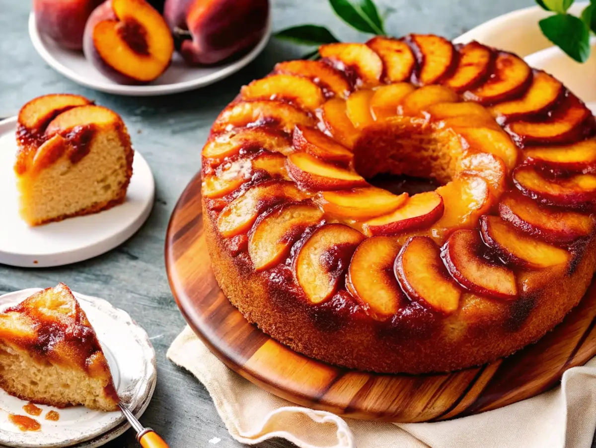 Golden brown Peach Cobbler Pound Cake drizzled with glaze and topped with caramelized peaches