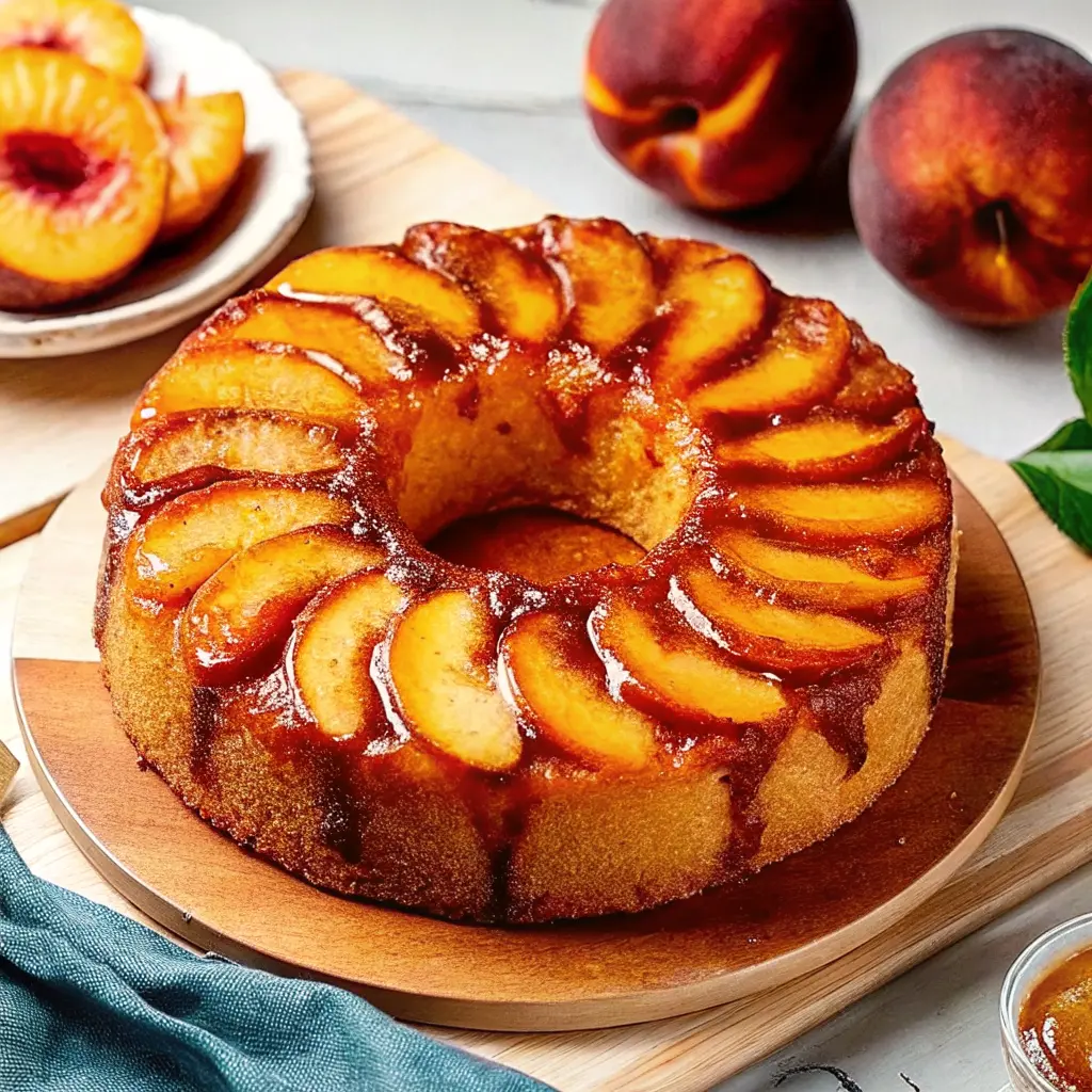 Golden brown Peach Cobbler Pound Cake drizzled with glaze and topped with caramelized peaches