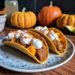 Pumpkin Pie Tacos filled with creamy pumpkin filling and topped with whipped cream