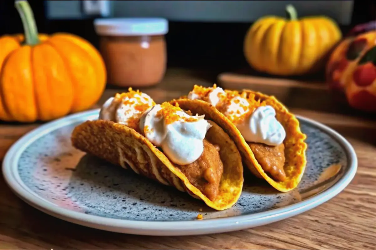 Pumpkin Pie Tacos filled with creamy pumpkin filling and topped with whipped cream