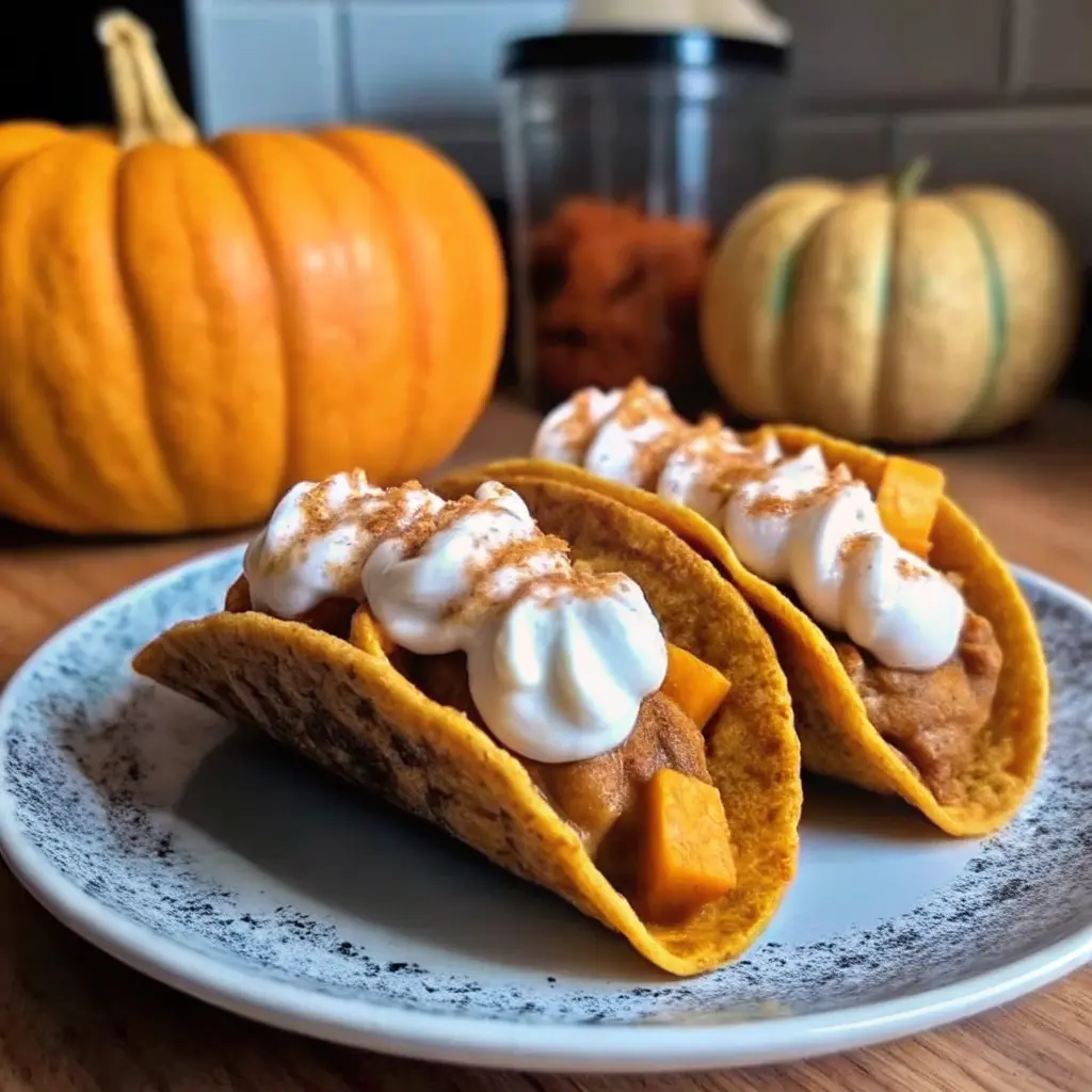 Pumpkin Pie Tacos filled with creamy pumpkin filling and topped with whipped cream