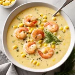 A bowl of creamy shrimp and corn soup topped with chopped parsley and green onions.