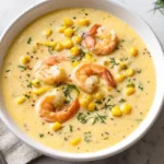 Bowl of shrimp and corn soup with herbs and spoon Shrimp and Corn Soup Recipe