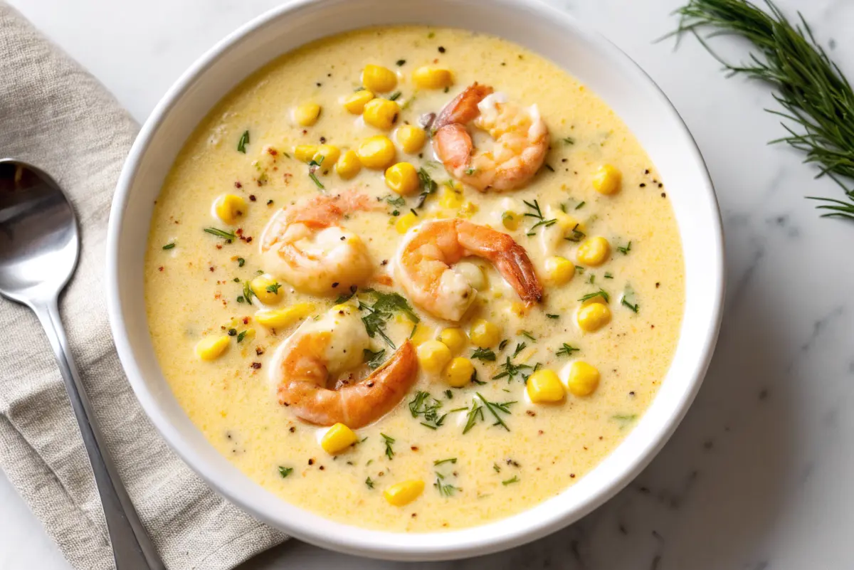 Bowl of shrimp and corn soup with herbs and spoon Shrimp and Corn Soup Recipe