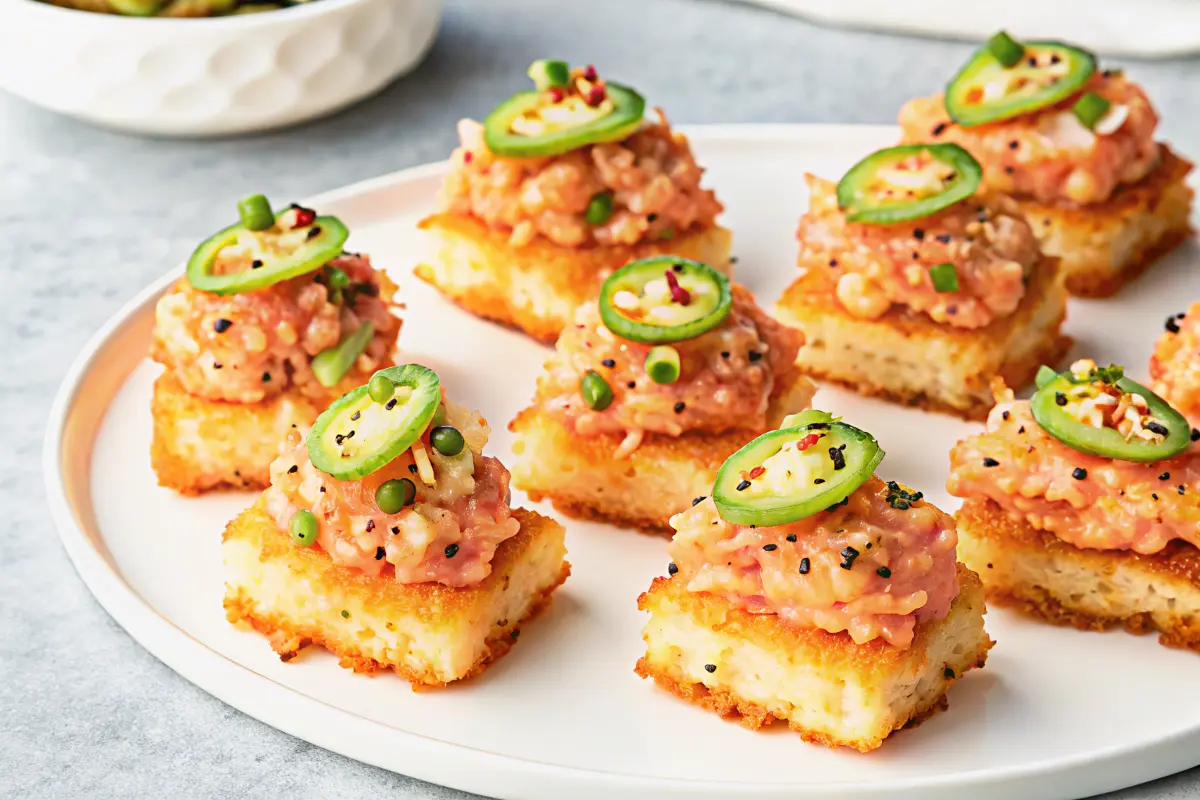 Spicy tuna crispy rice appetizer with jalapeño and avocado