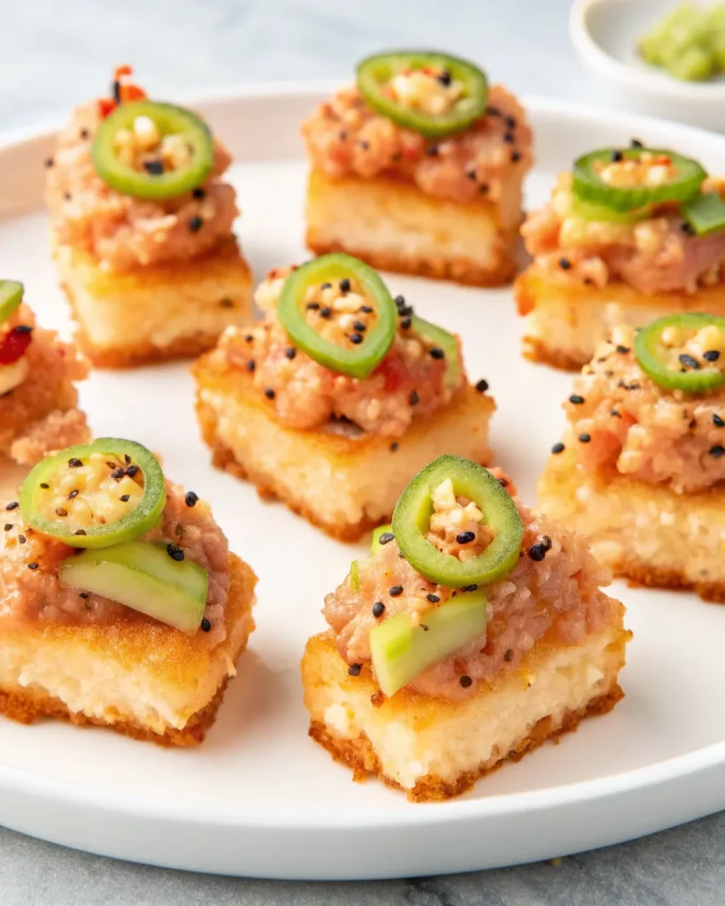 Spicy tuna crispy rice appetizer with jalapeño and avocado