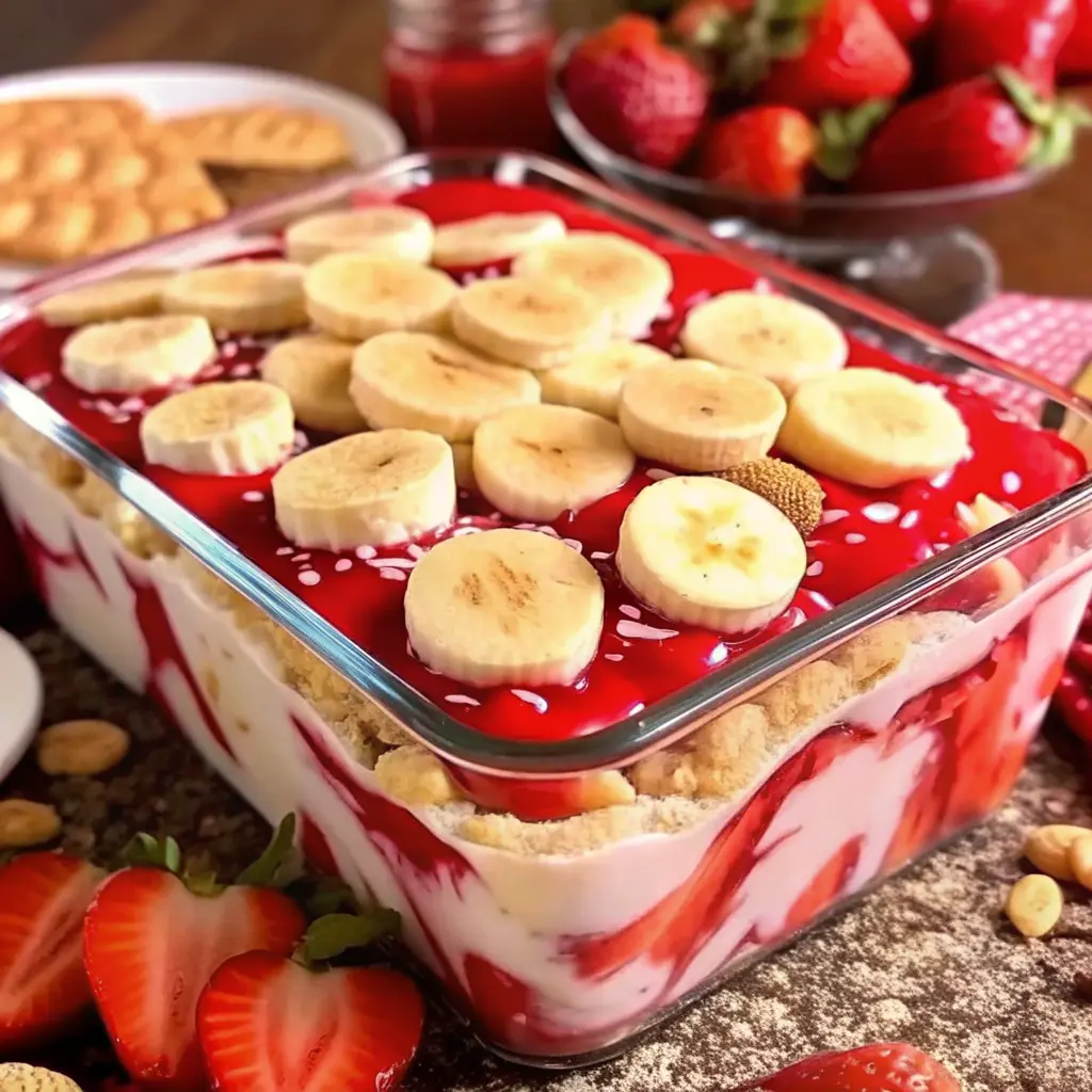 Layered strawberry banana pudding in a glass bowl