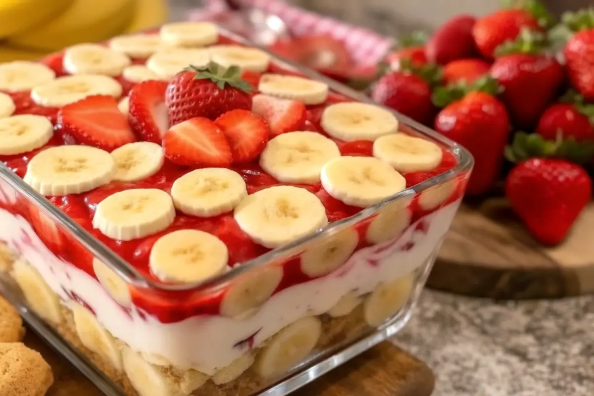 Layered strawberry banana pudding in a glass bowl