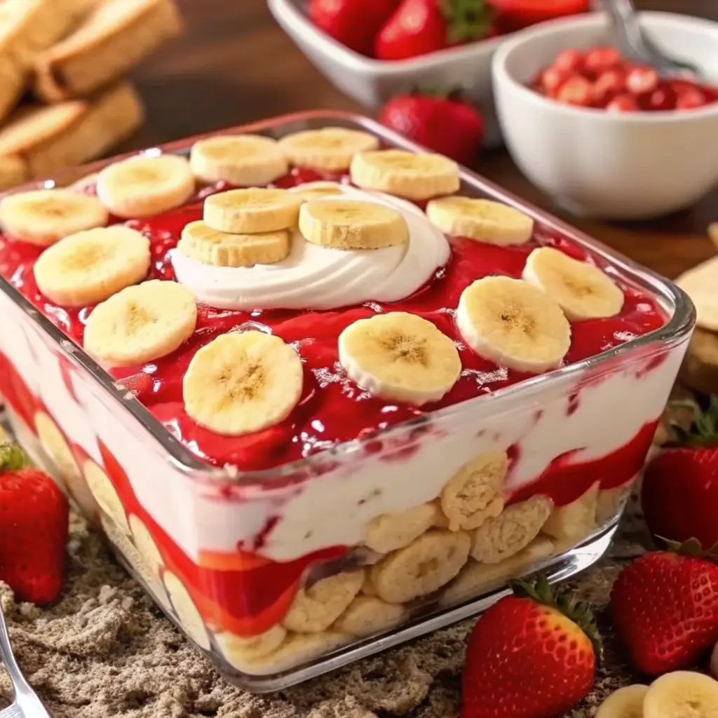 Layered strawberry banana pudding in a glass bowl