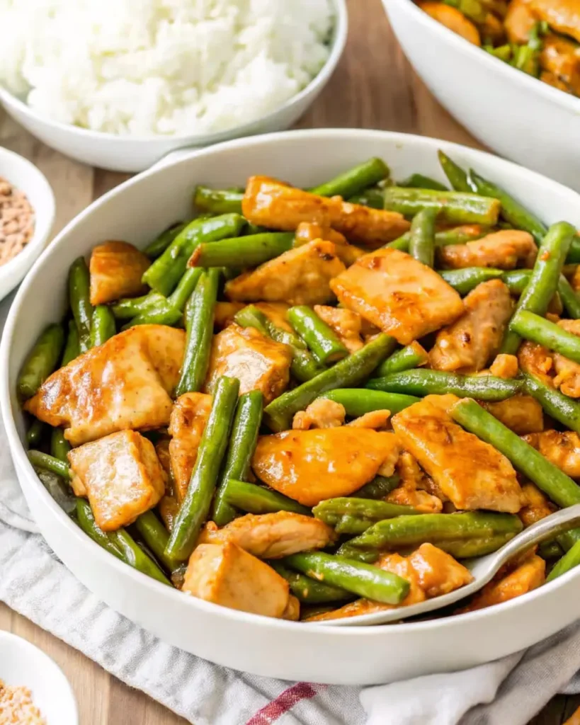 String Bean Chicken Stir-Fry with glossy sauce and crisp green beans in a wok
