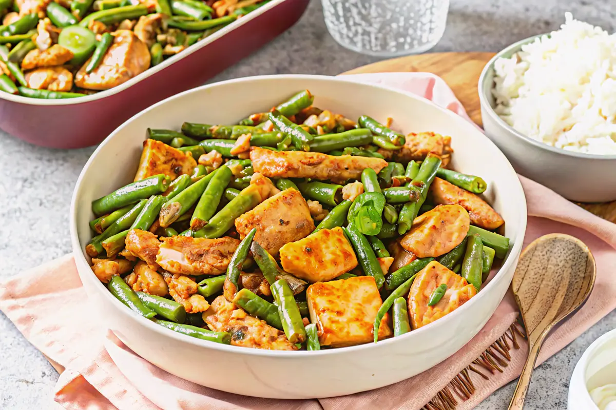 String Bean Chicken Stir-Fry with glossy sauce and crisp green beans in a wok