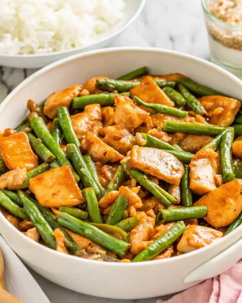 String Bean Chicken Stir-Fry with glossy sauce and crisp green beans in a wok