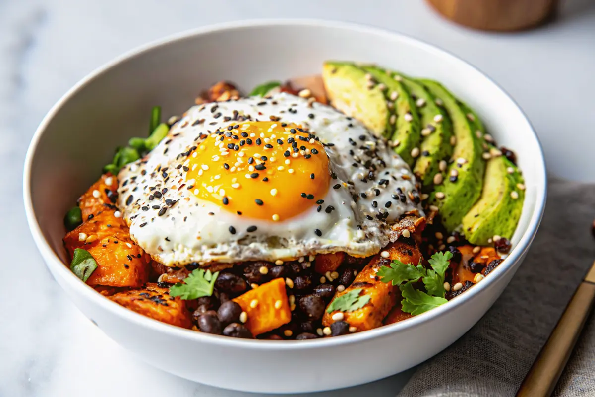 Sweet Potato Breakfast Bowl topped with eggs, avocado, and fresh herbs