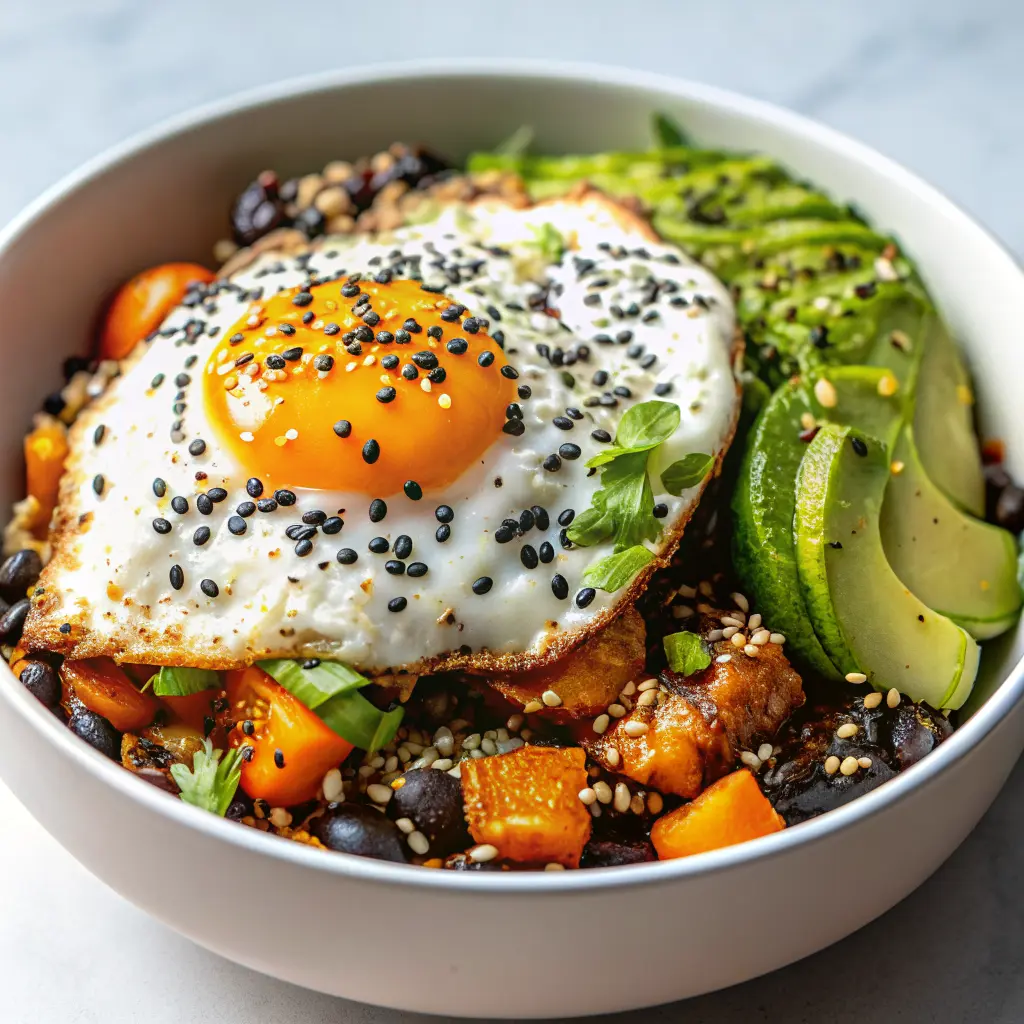 Sweet Potato Breakfast Bowl topped with eggs, avocado, and fresh herbs