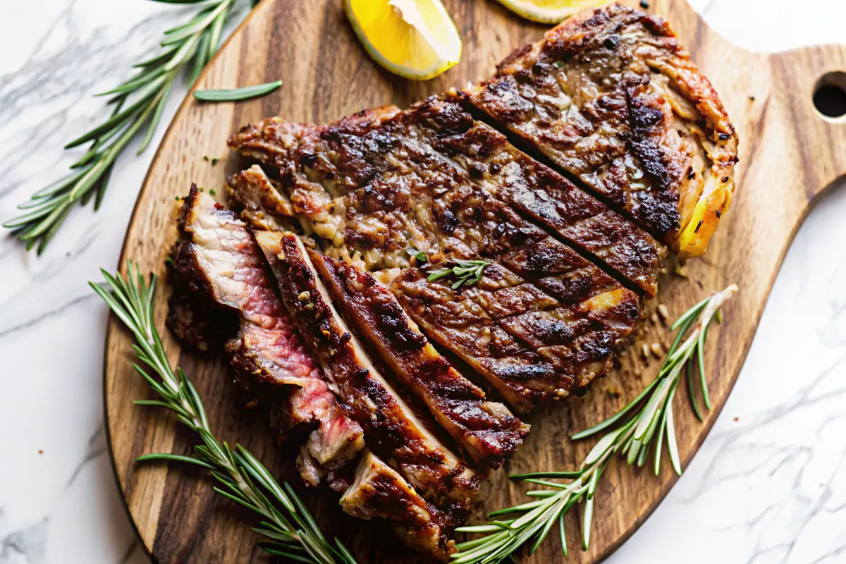 Juicy Tuscan Steak Recipe grilled over open flame with rosemary