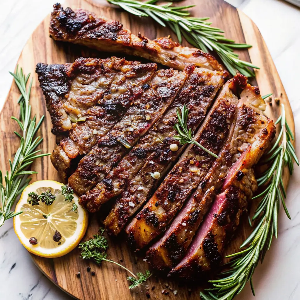 Juicy Tuscan Steak Recipe grilled over open flame with rosemary