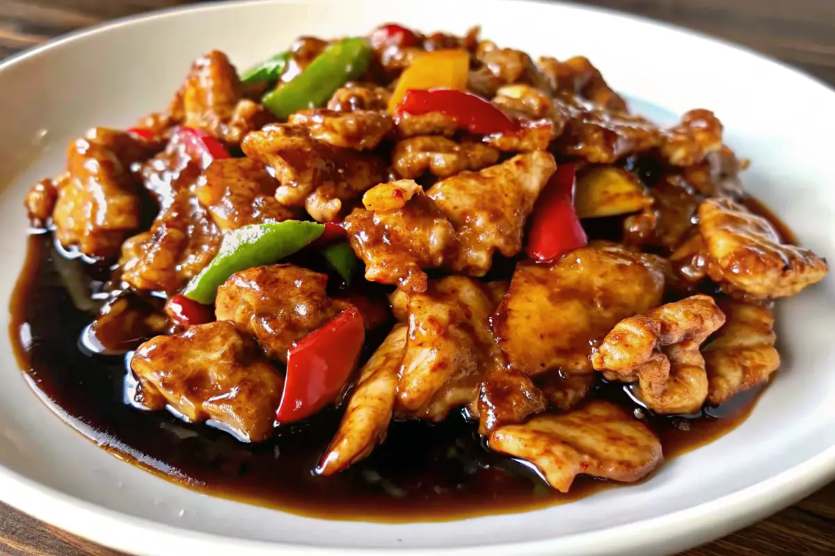 Glossy Blackstone bourbon chicken bites with sticky glaze on a flat-top