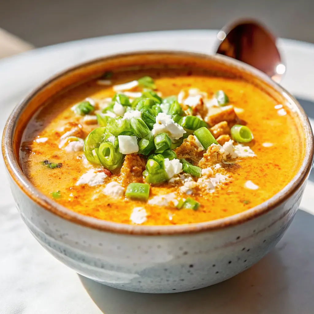 Creamy Buffalo Chicken Soup served in a bowl topped with scallions and blue cheese crumbles.