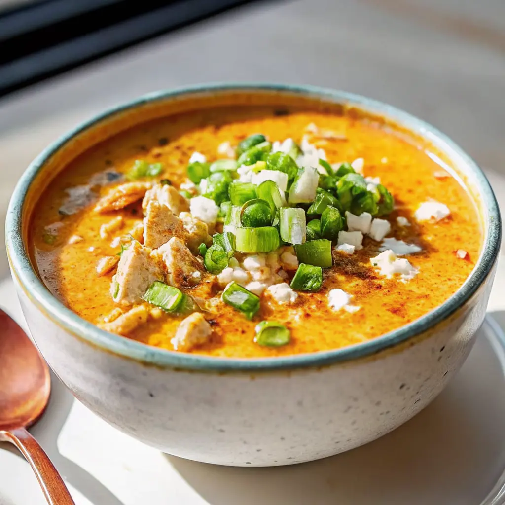 Creamy Buffalo Chicken Soup served in a bowl topped with scallions and blue cheese crumbles.