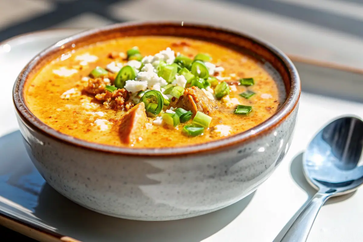 Creamy Buffalo Chicken Soup Recipe served in a bowl topped with scallions and blue cheese crumbles.