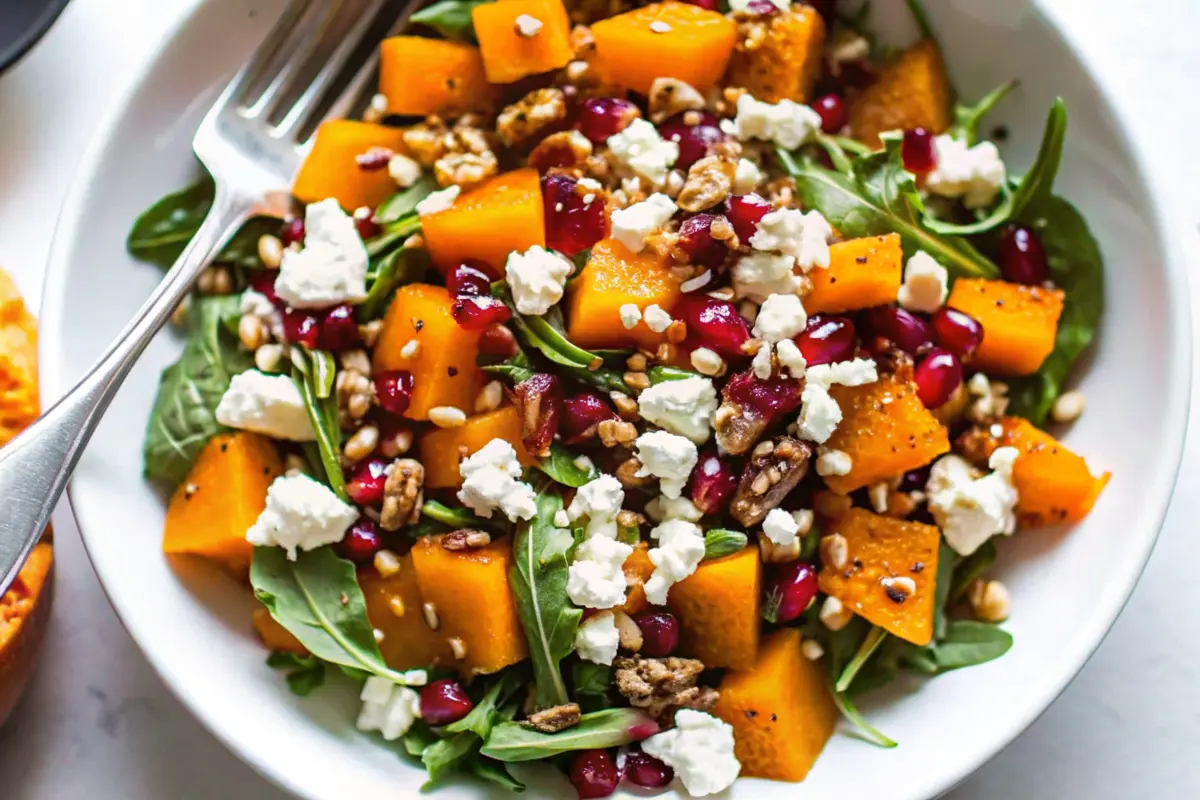 Butternut Squash Feta Salad with roasted cubes, crumbled feta, arugula, and pomegranate on a platter