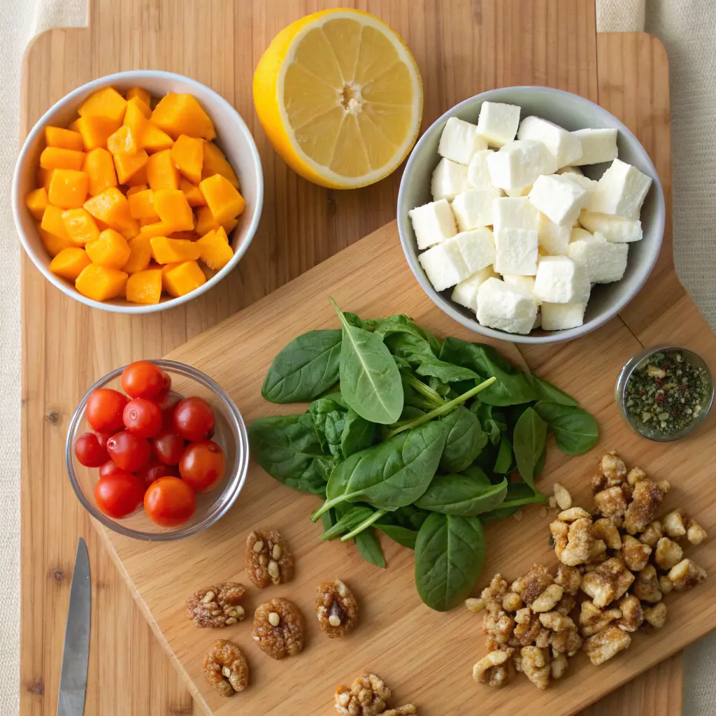Butternut Squash Feta Salad with roasted cubes, crumbled feta, arugula, and pomegranate on a platter