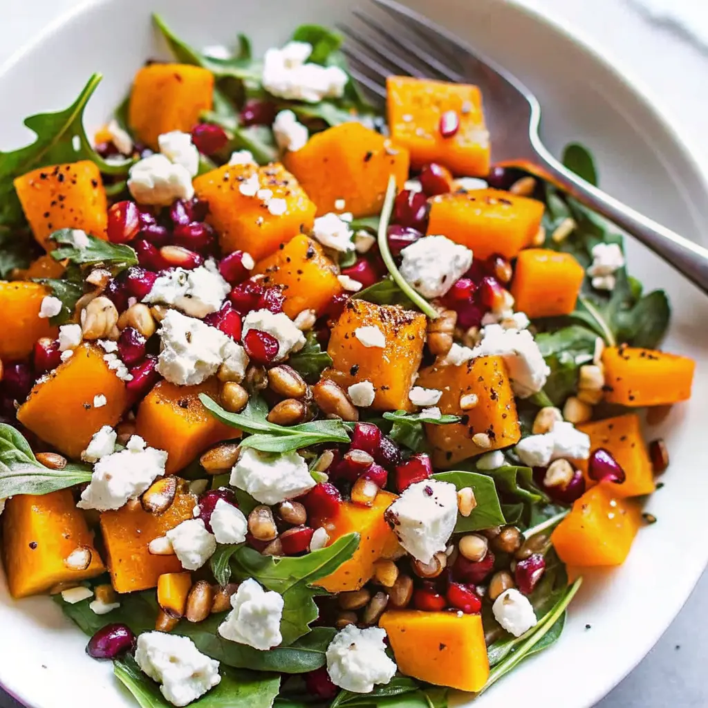 Butternut Squash Feta Salad with roasted cubes, crumbled feta, arugula, and pomegranate on a platter